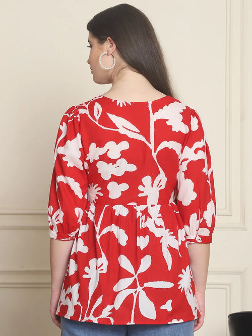 Frempy Women Red Abstract Printed Pure Cotton Top