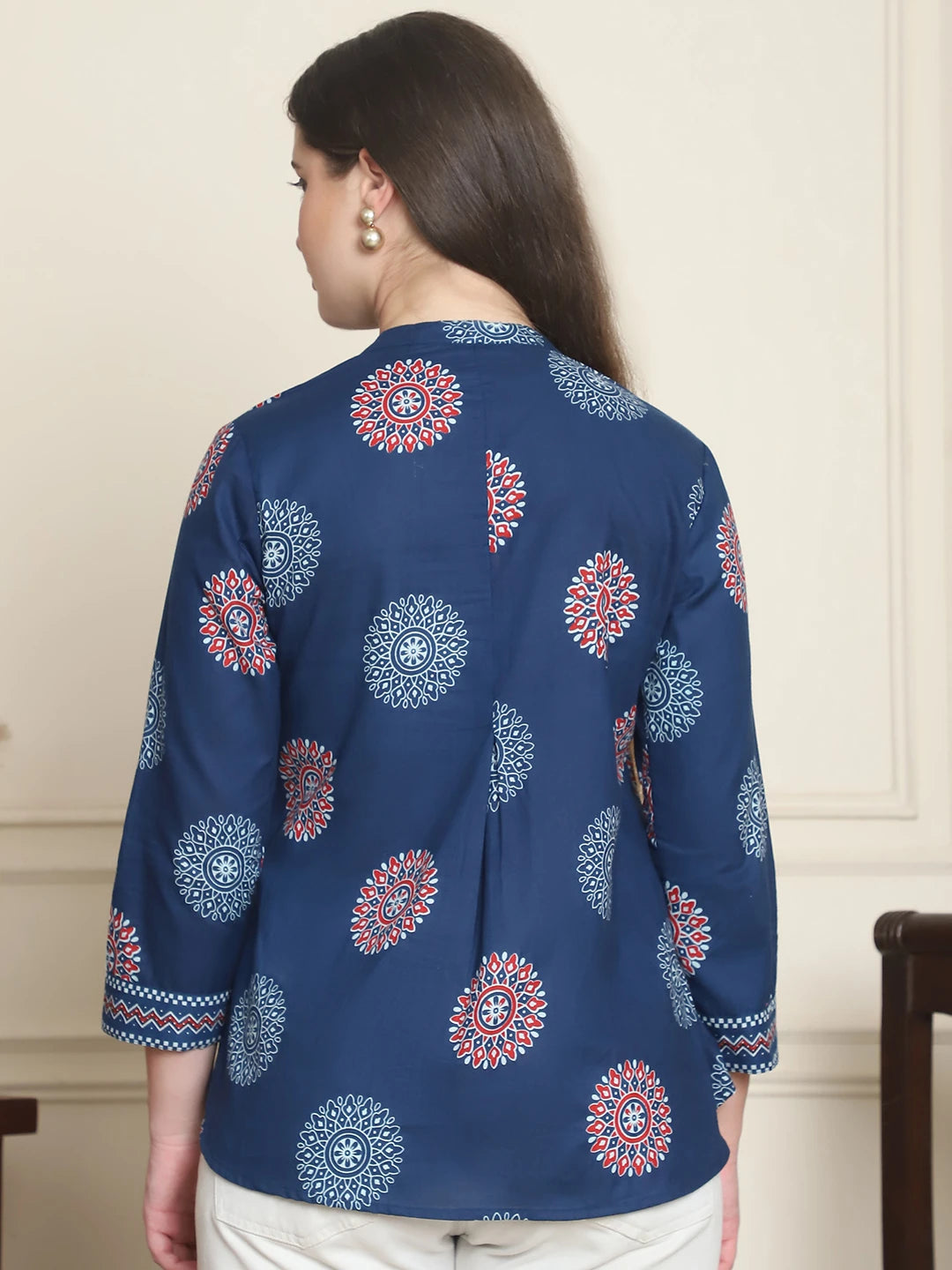 Frempy Women Navy Blue Mandala Floral Printed Pure Cotton Top