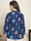 Frempy Women Navy Blue Mandala Floral Printed Pure Cotton Top
