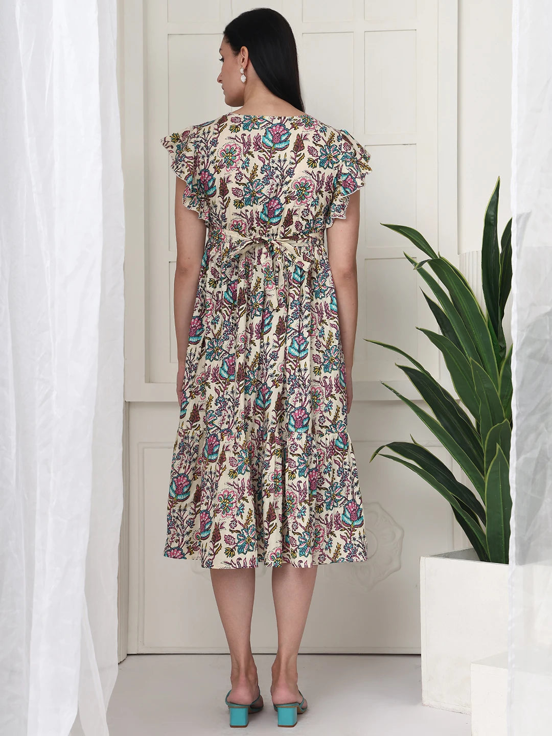 Frempy Women Off White Floral Printed Maternity Midi Dress