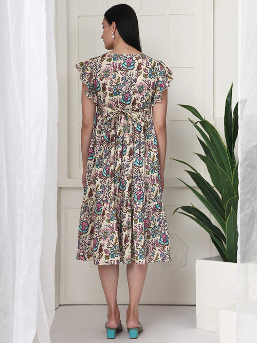 Frempy Women Off White Floral Printed Maternity Midi Dress