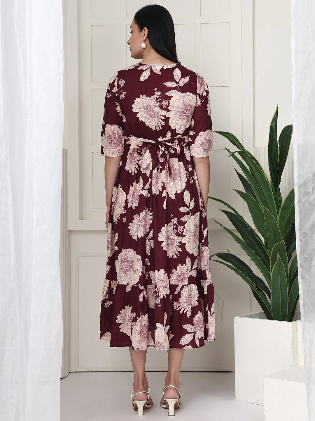 Frempy Women Maroon Floral Printed  Maternity Dress