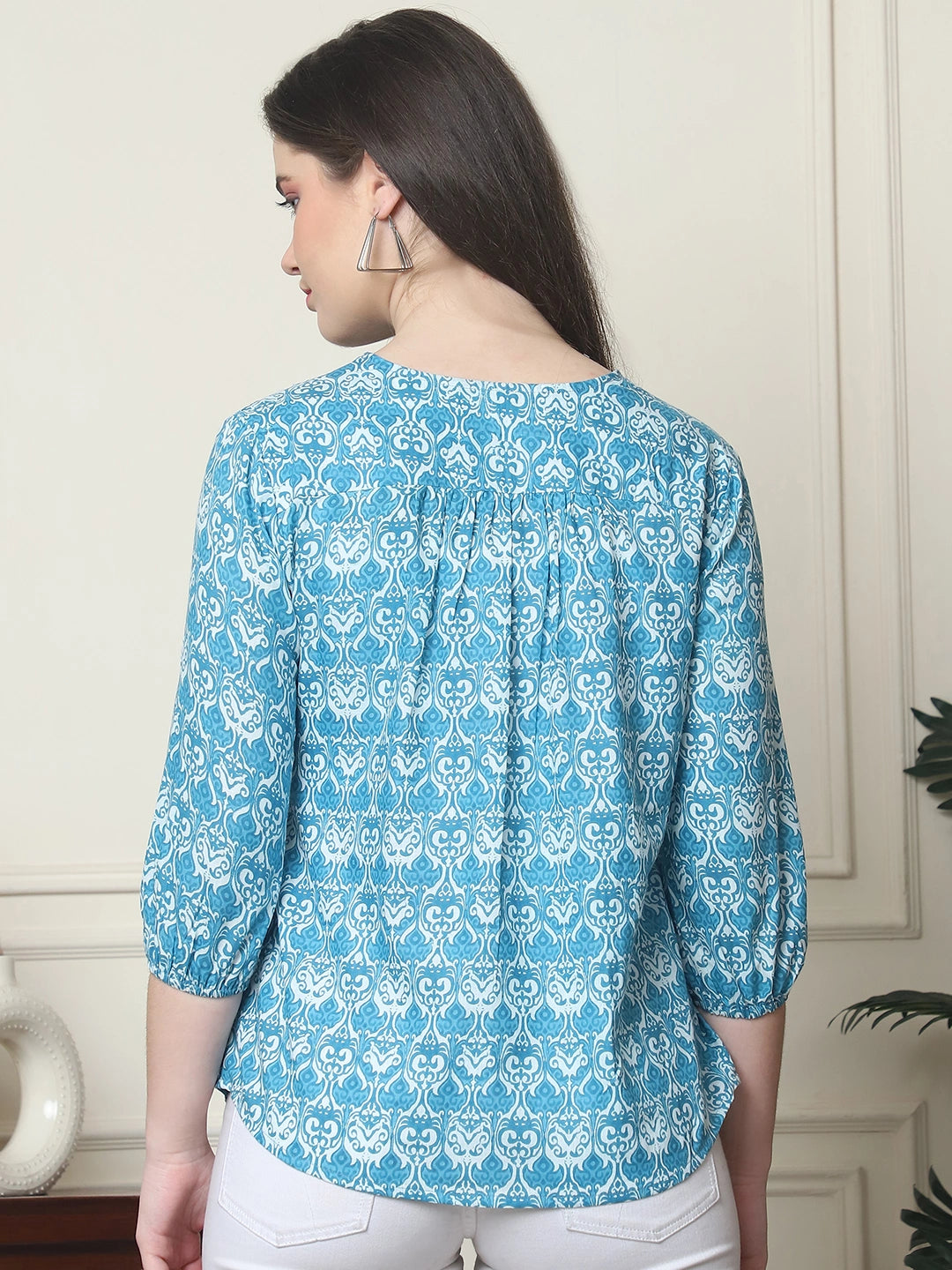 Frempy Women Aqua Blue Floral Printed Pure Cotton Top