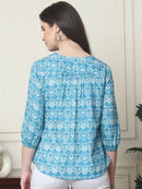Frempy Women Aqua Blue Floral Printed Pure Cotton Top