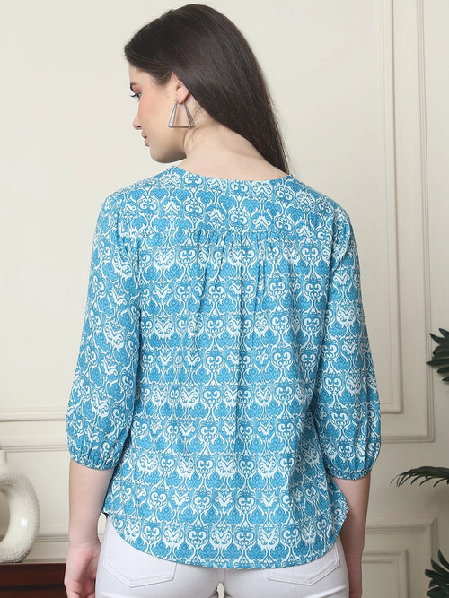 Frempy Women Aqua Blue Floral Printed Pure Cotton Top