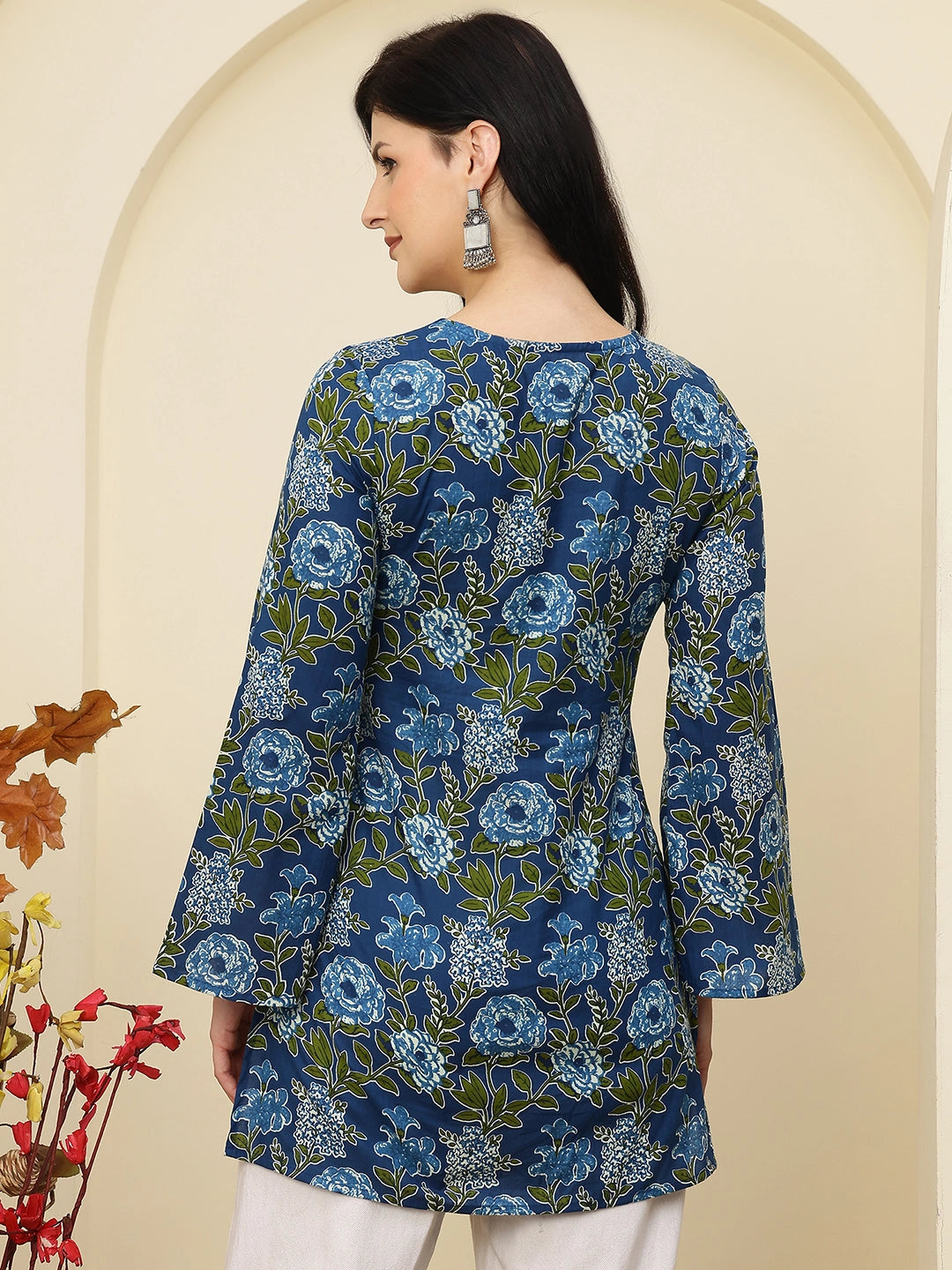 Teal Blue Floral Bell Sleeve Pure Cotton Short Kurti