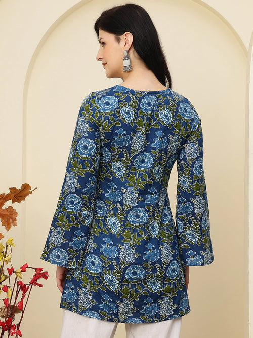 Teal Blue Floral Bell Sleeve Pure Cotton Short Kurti