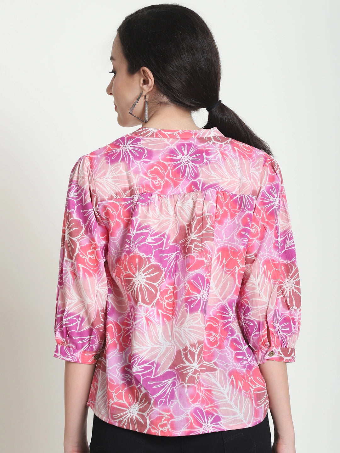 Frempy Women Pink Floral Printed Pure Cotton Top