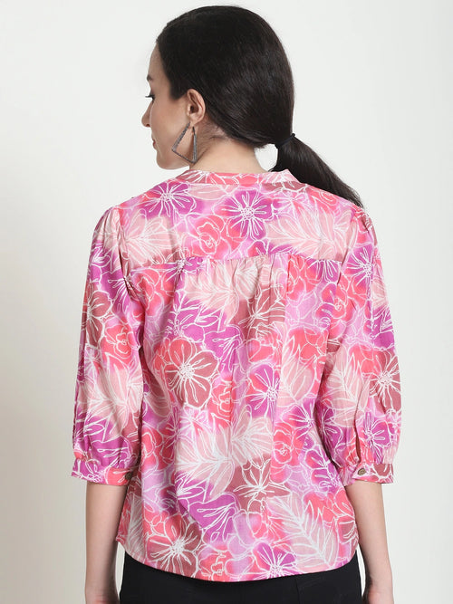 Frempy Women Pink Floral Printed Pure Cotton Top