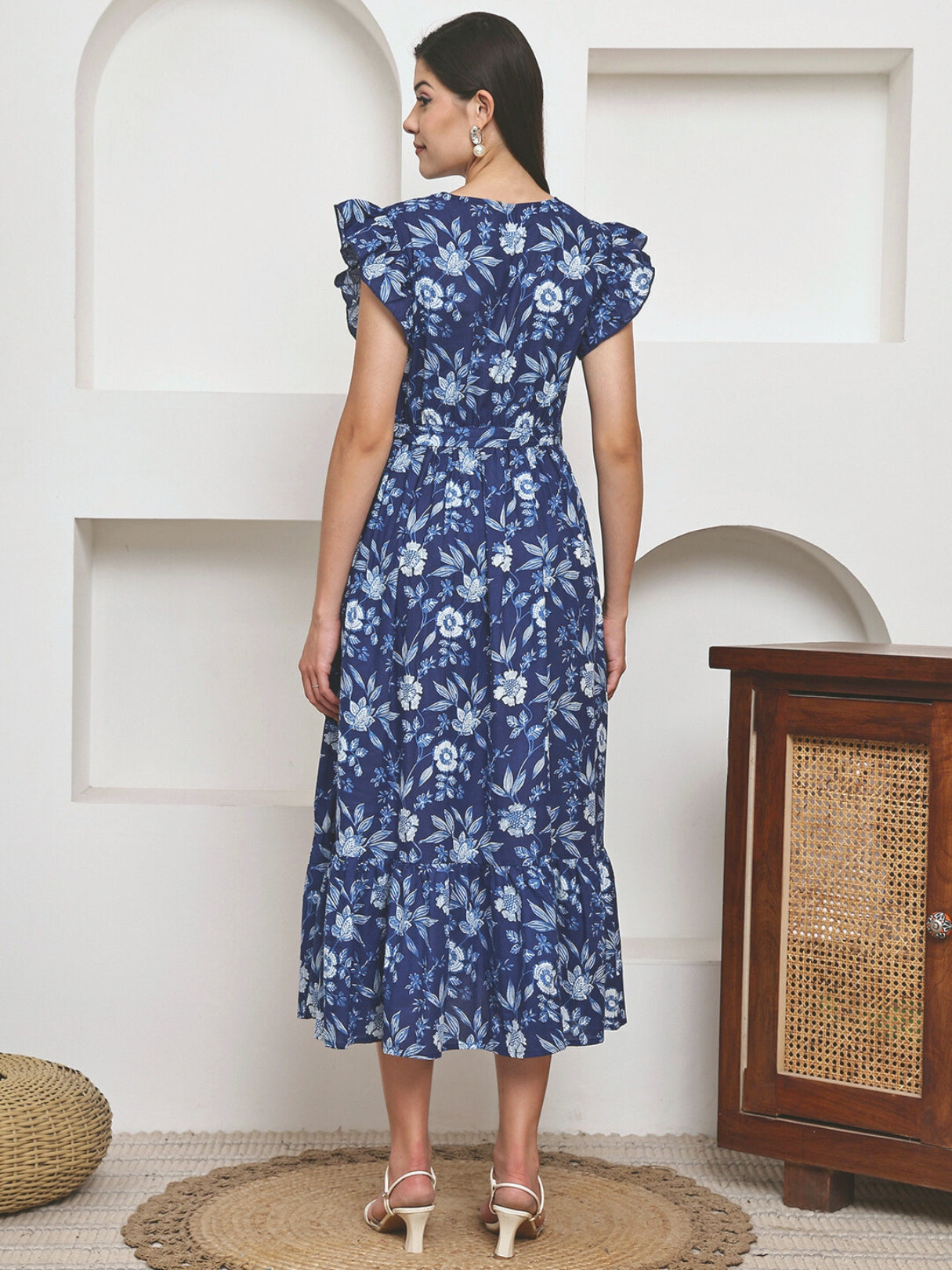 Frempy Women Fit and Flare Blue Floral Printed Maxi/Full Length Dress