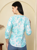 Aqua Blue Bold Floral Buttoned Mandarin Collar Cotton Top