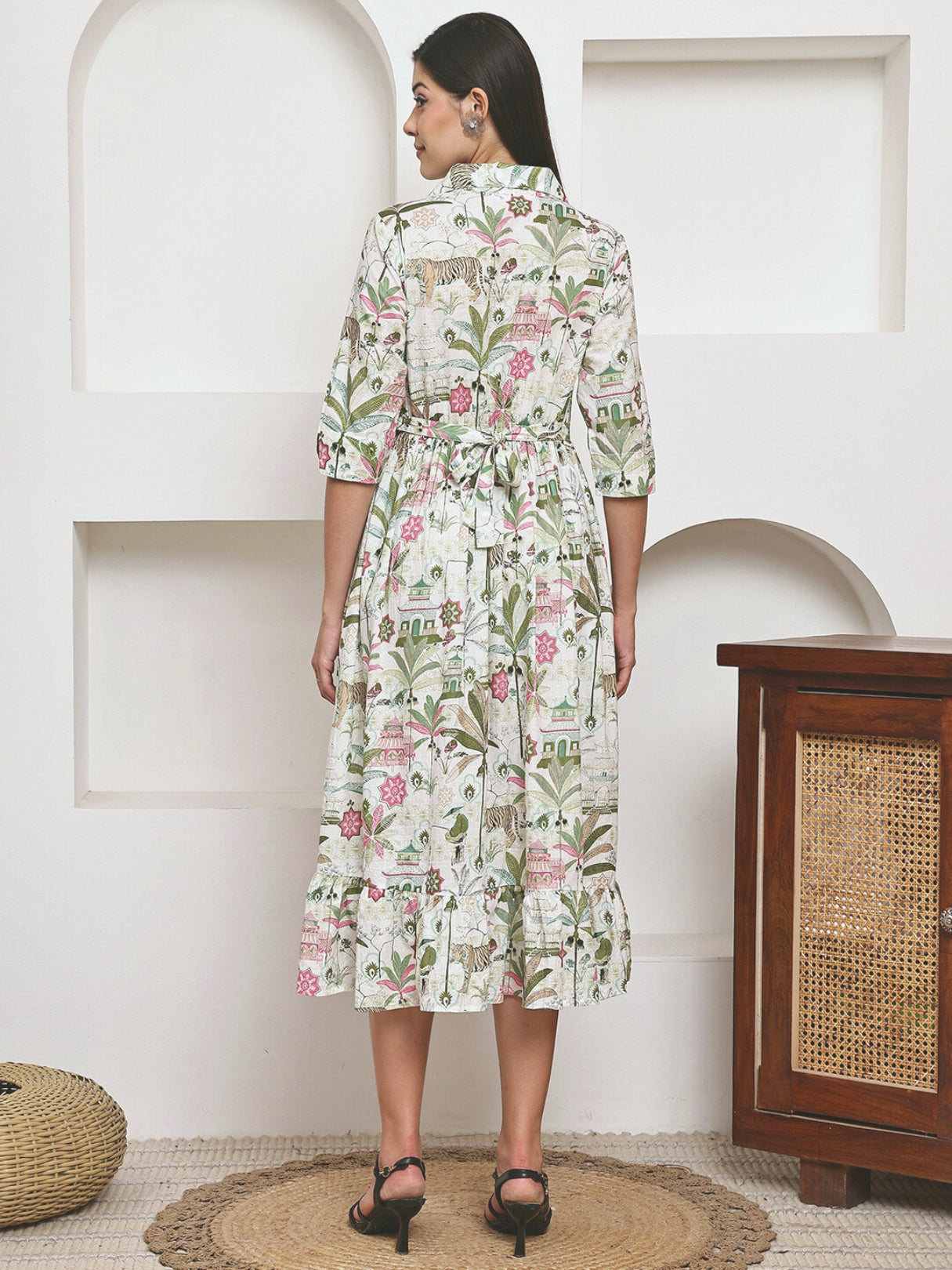 Frempy Women Fit and Flare Green Floral Printed Maxi/Full Length Dress