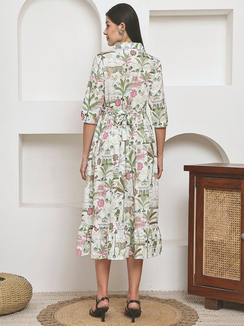 Frempy Women Fit and Flare Green Floral Printed Maxi/Full Length Dress