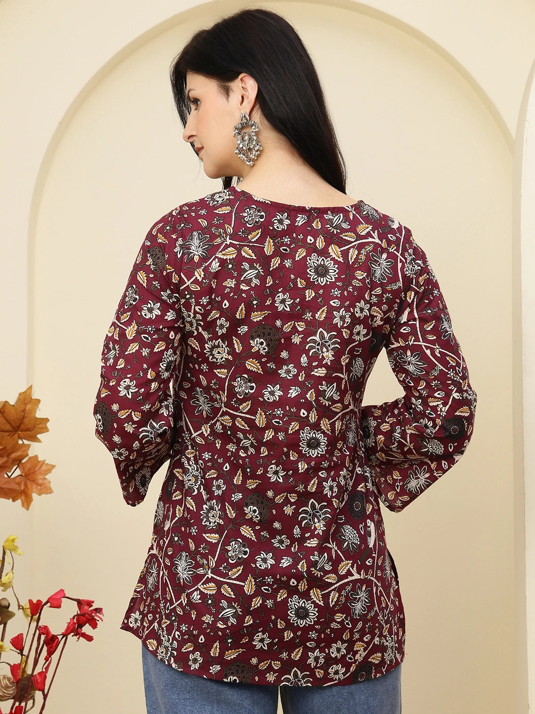 Maroon Floral Printed V-Neck Pure Cotton Short Kurti