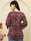 Maroon Floral Printed V-Neck Pure Cotton Short Kurti