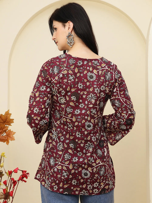 Maroon Floral Printed V-Neck Pure Cotton Short Kurti