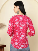 Pink Floral Buttoned Mandarin Collar Cotton Top
