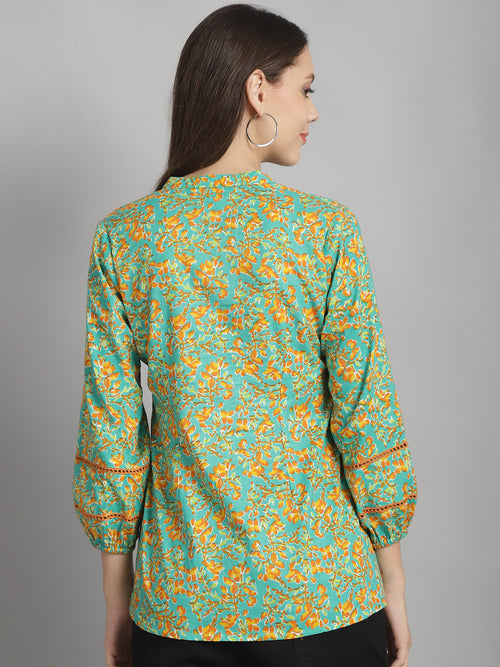 Lime Green Floral Printed Floral Pure Cotton Top