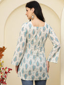 Ivory Blue Ethnic Motifs Printed Lace-Up Back Pure Cotton Short Kurti