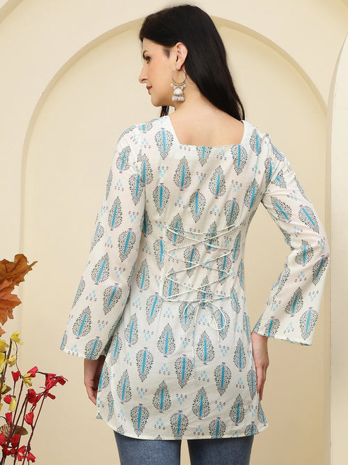 Ivory Blue Ethnic Motifs Printed Lace-Up Back Pure Cotton Short Kurti