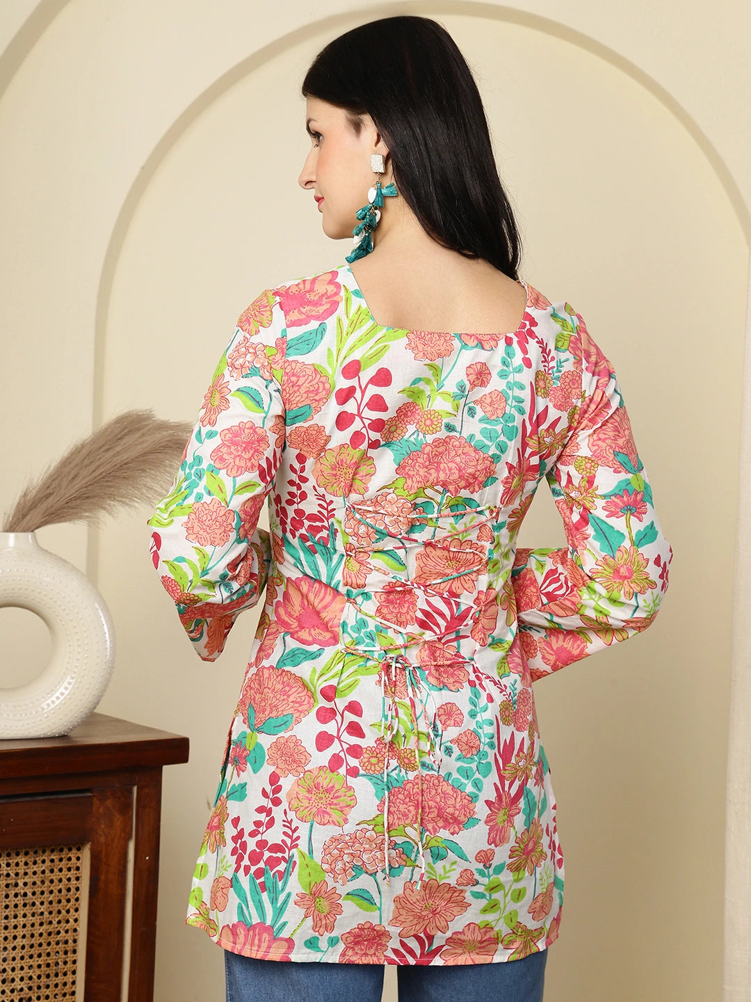 White Floral Printed  A-Line Pure Cotton Short Kurti