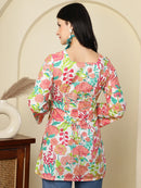 White Floral Printed  A-Line Pure Cotton Short Kurti
