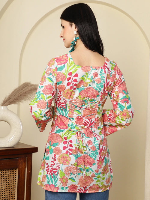 White Floral Printed  A-Line Pure Cotton Short Kurti