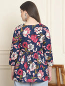 Frempy Women Navy & Pink Floral Pure Cotton Tops