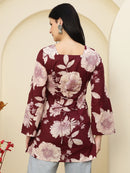 Maroon Floral Print Lace-Up Back Pure Cotton Short Kurti