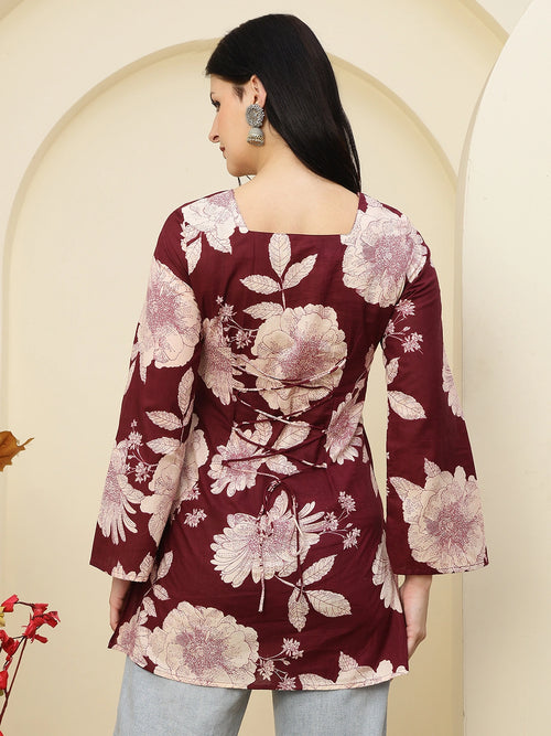 Maroon Floral Print Lace-Up Back Pure Cotton Short Kurti