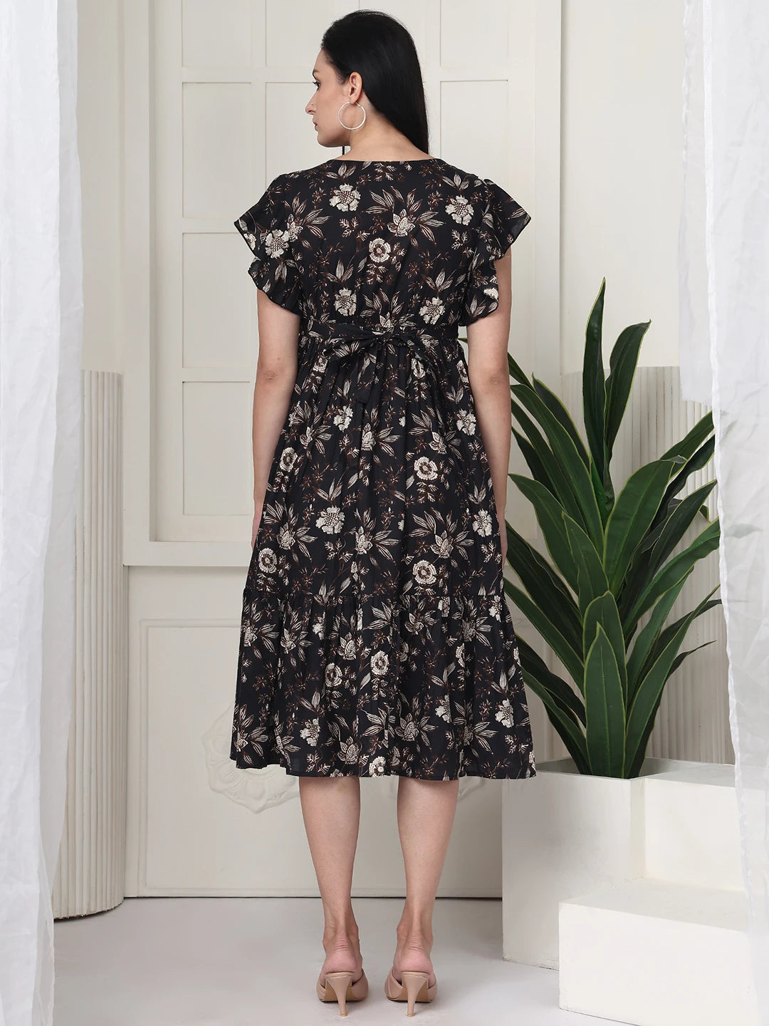 Frempy Women Fit and Flare Coffee Brown Floral Printed Midi Dress