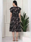Frempy Women Fit and Flare Coffee Brown Floral Printed Midi Dress