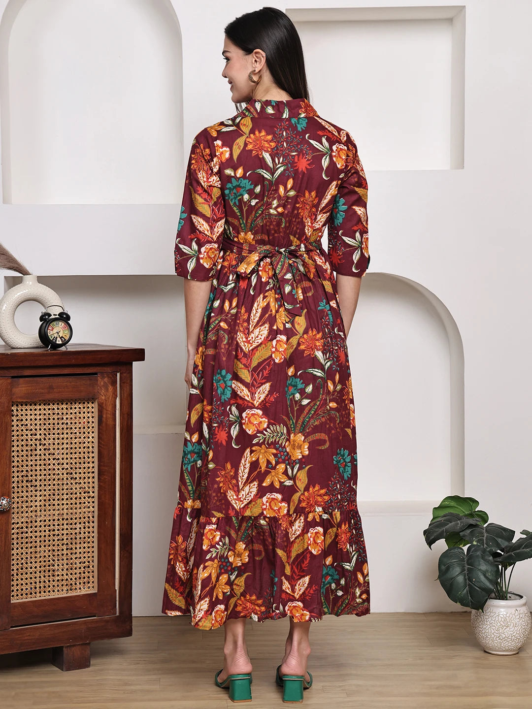 Frempy Women Fit and Flare Maroon Floral Printed Maxi/Full Length Dress