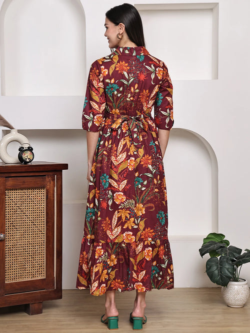 Frempy Women Fit and Flare Maroon Floral Printed Maxi/Full Length Dress
