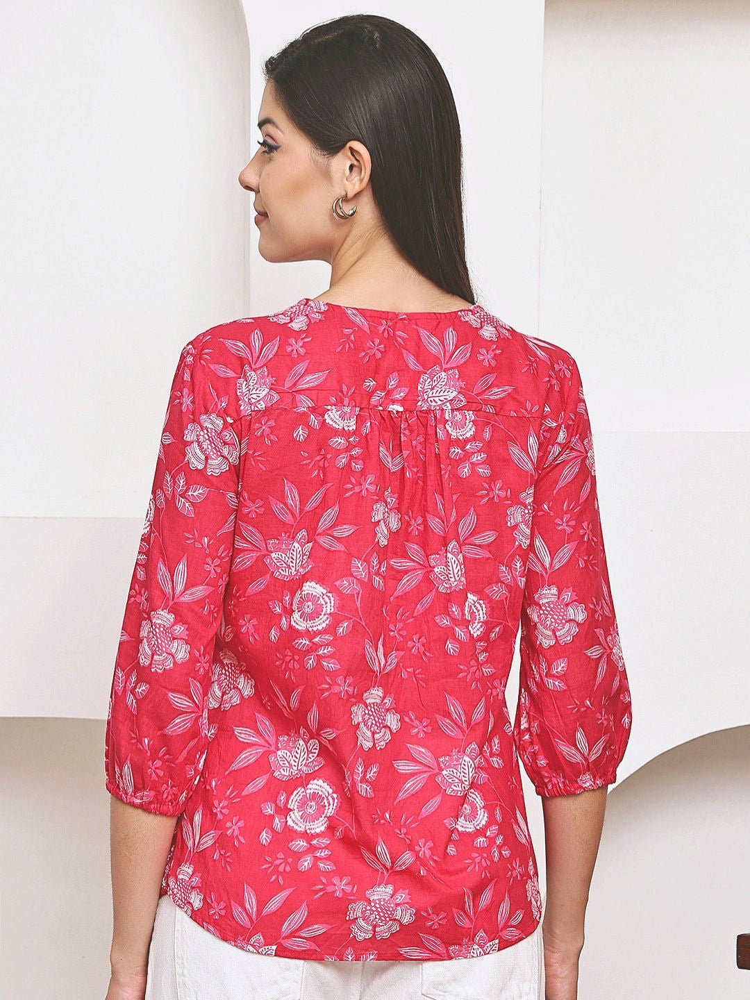 Frempy Women Pink Floral Printed Pure Cotton Top