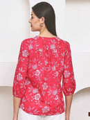 Frempy Women Pink Floral Printed Pure Cotton Top