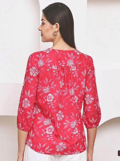Frempy Women Pink Floral Printed Pure Cotton Top