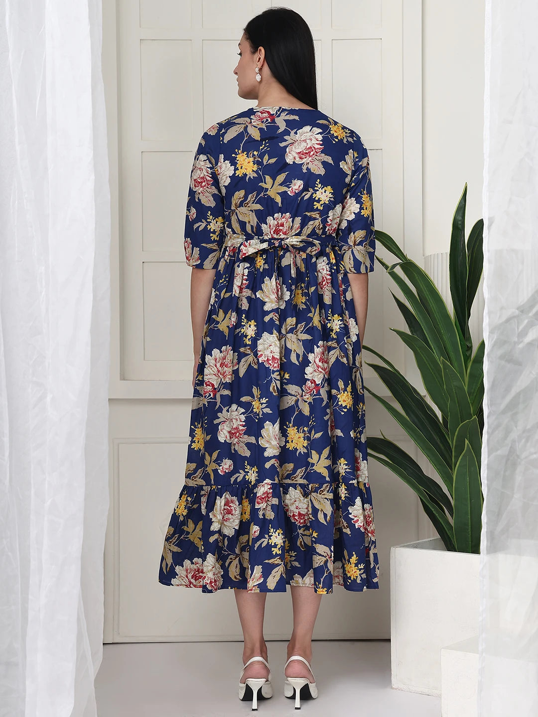Frempy Women Navy Blue Floral Printed  Maternity Dress
