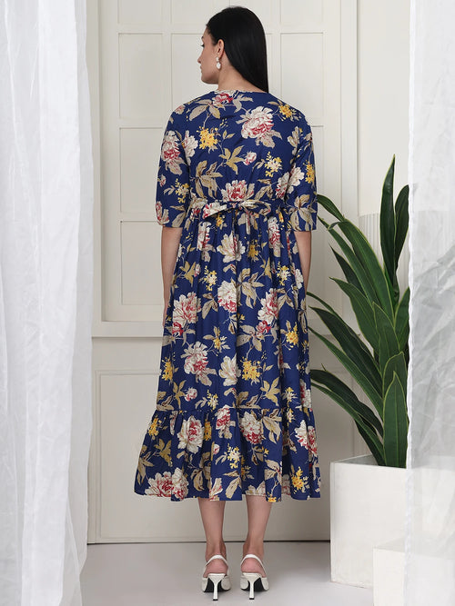 Frempy Women Navy Blue Floral Printed  Maternity Dress