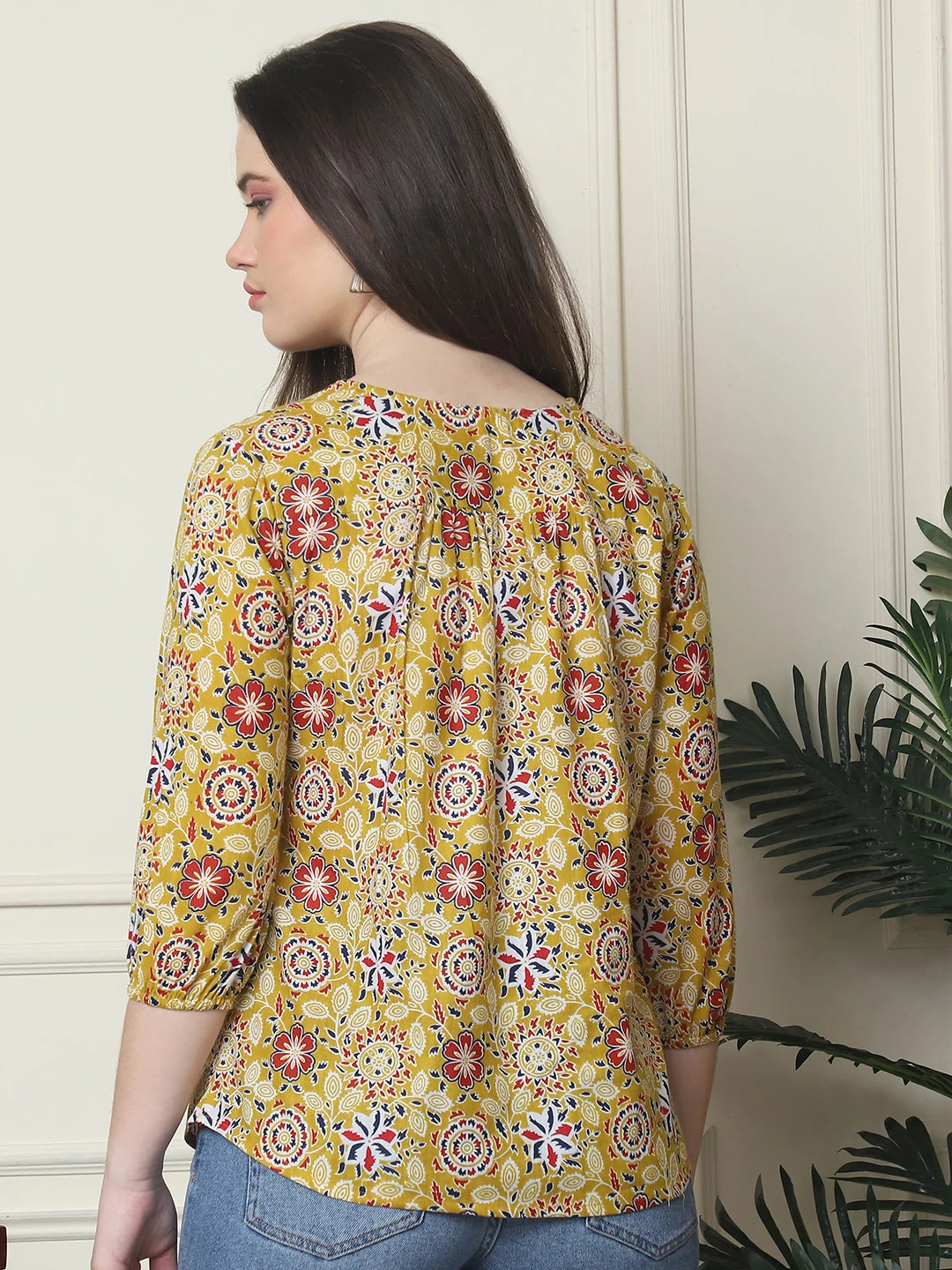 Frempy Women Yellow Floral Printed Pure Cotton Top