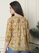 Frempy Women Yellow Floral Printed Pure Cotton Top