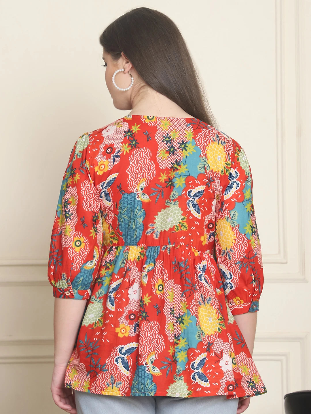 Frempy Women Red Printed Pure Cotton Top