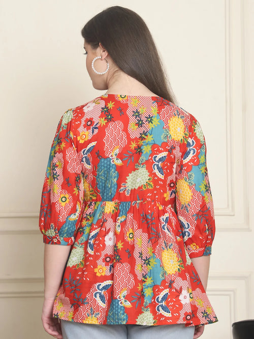 Frempy Women Red Printed Pure Cotton Top