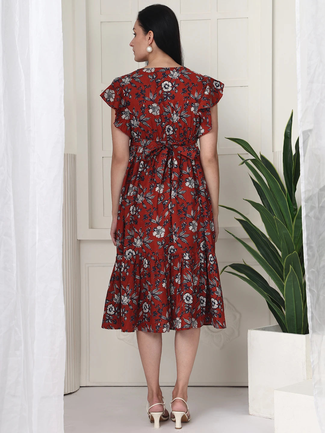 Frempy Women Fit and Flare Brown Floral Printed Midi Dress