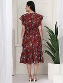 Frempy Women Fit and Flare Brown Floral Printed Midi Dress