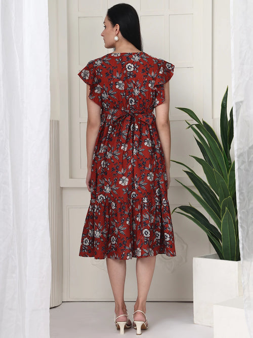 Frempy Women Fit and Flare Brown Floral Printed Midi Dress