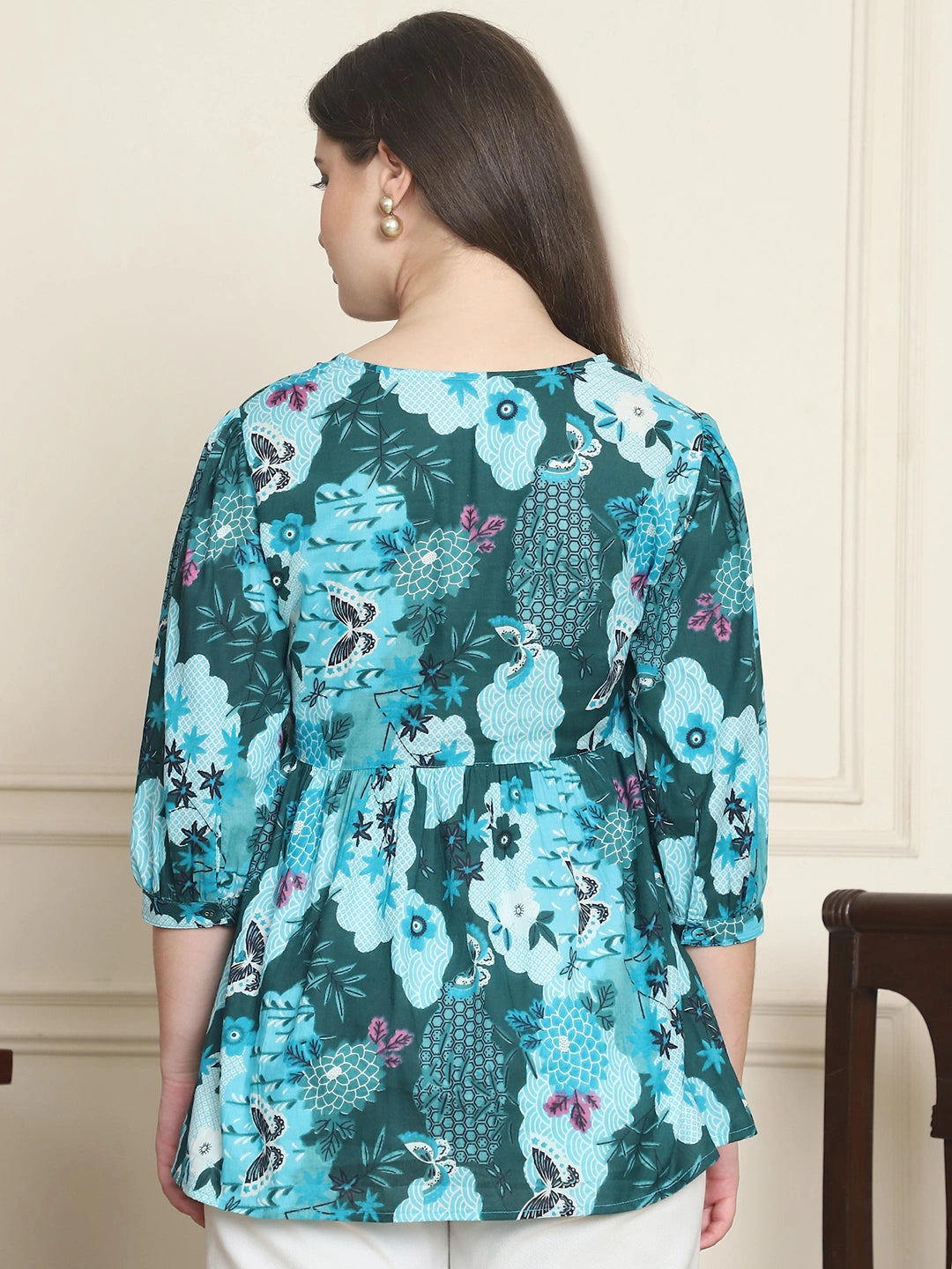 Frempy Women Teal Printed Pure Cotton Top