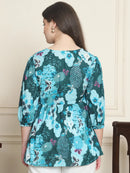 Frempy Women Teal Printed Pure Cotton Top