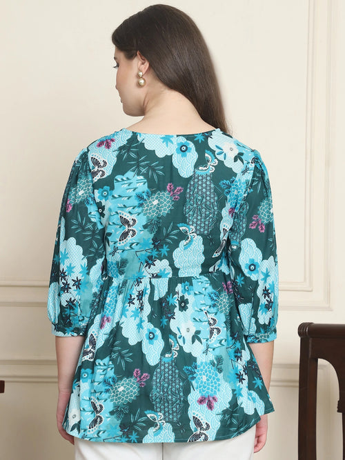 Frempy Women Teal Printed Pure Cotton Top
