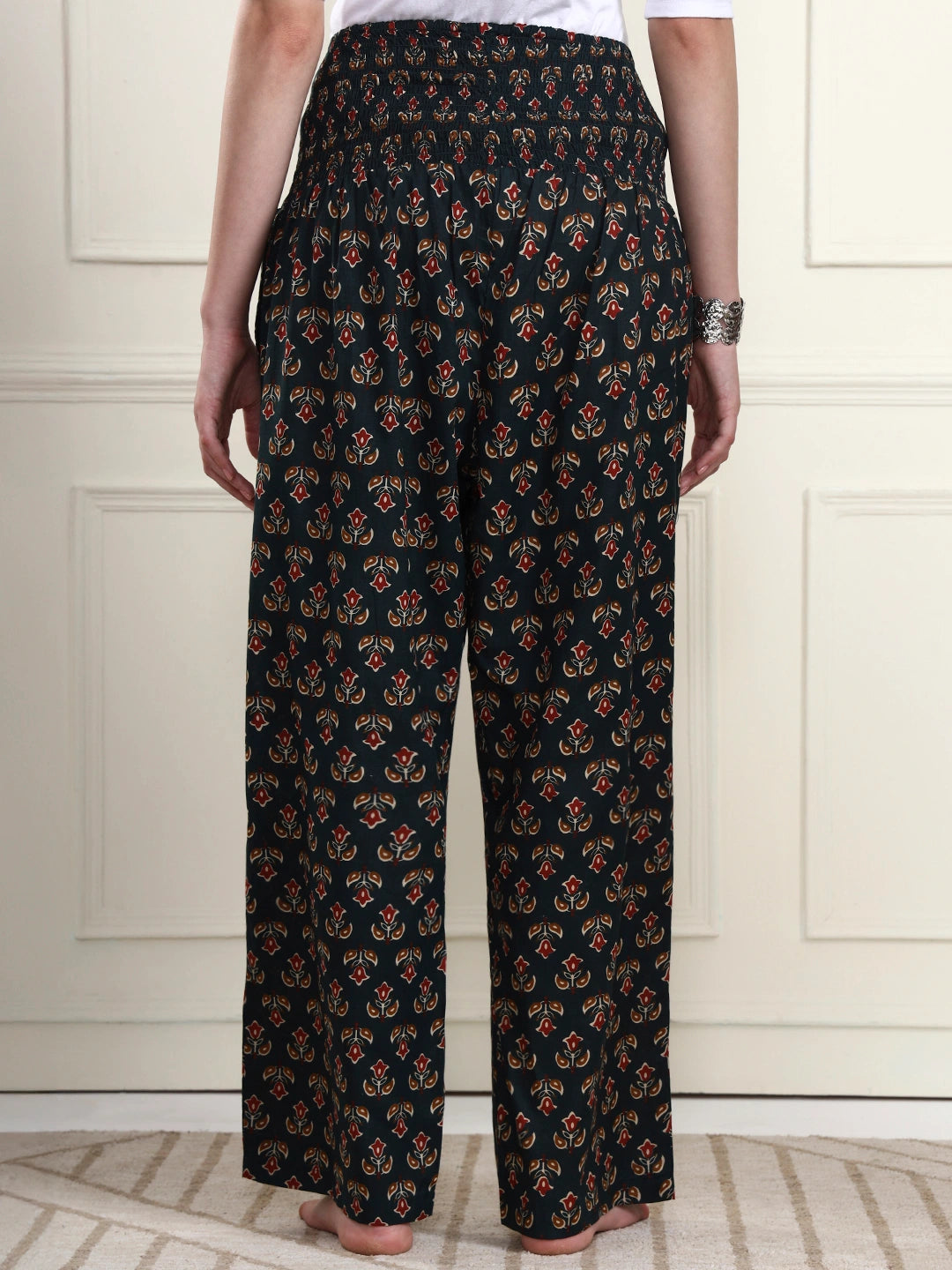Frempy Bottle Green Floral Motif Pure Cotton Maternity Trousers